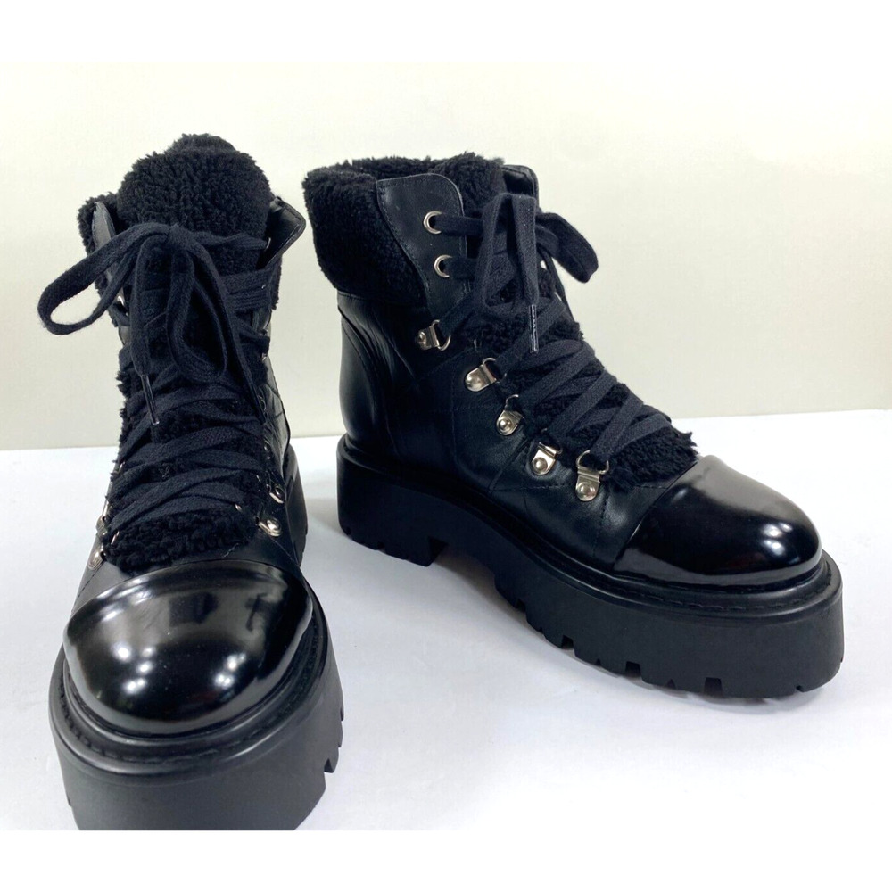Steve Madden Reyen Black Leather Lace Up Combat Boot Sherpa Trim Sz 7 NWOB